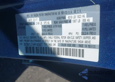 2017 Mazda 3 Sport z USA, uszkodzony, nr VIN 3MZBN1U7XHM145897